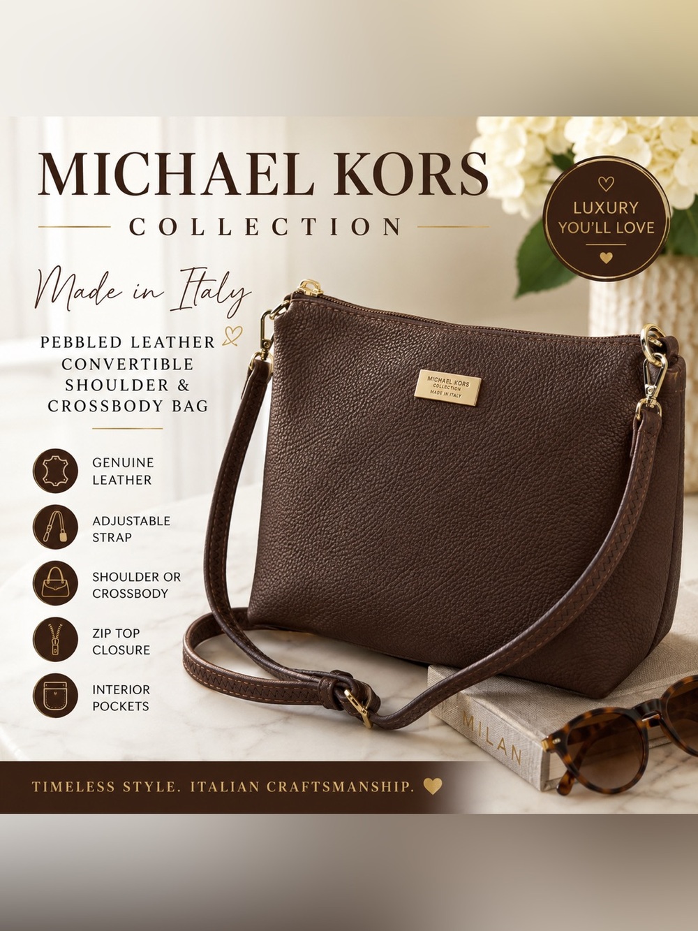Michael Kors Collection Made in Italy Brown Pebbled Leather Shoulder Bag